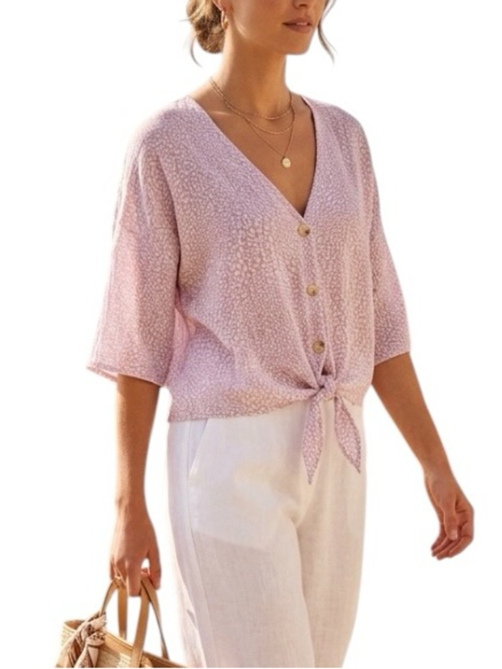LUQ lavender animal print gauze button up tie front Resortwear blouse vacation